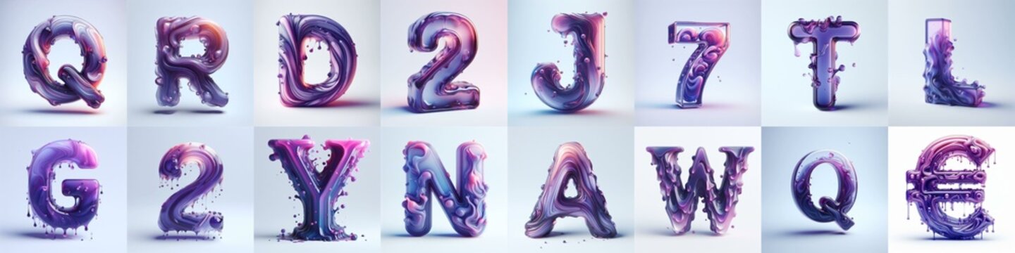 Violet glass 3D Lettering Typeface. AI generated illustration