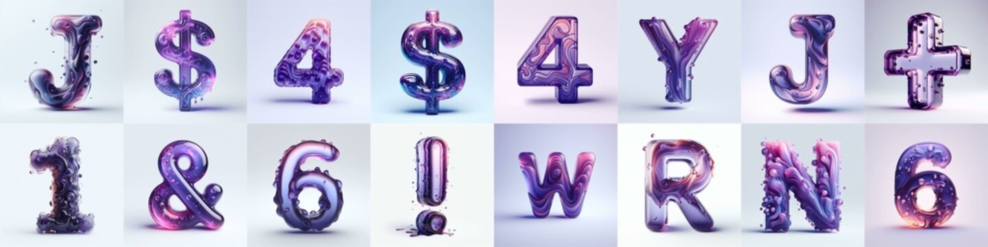 Violet glass 3D Lettering Typeface. AI generated illustration