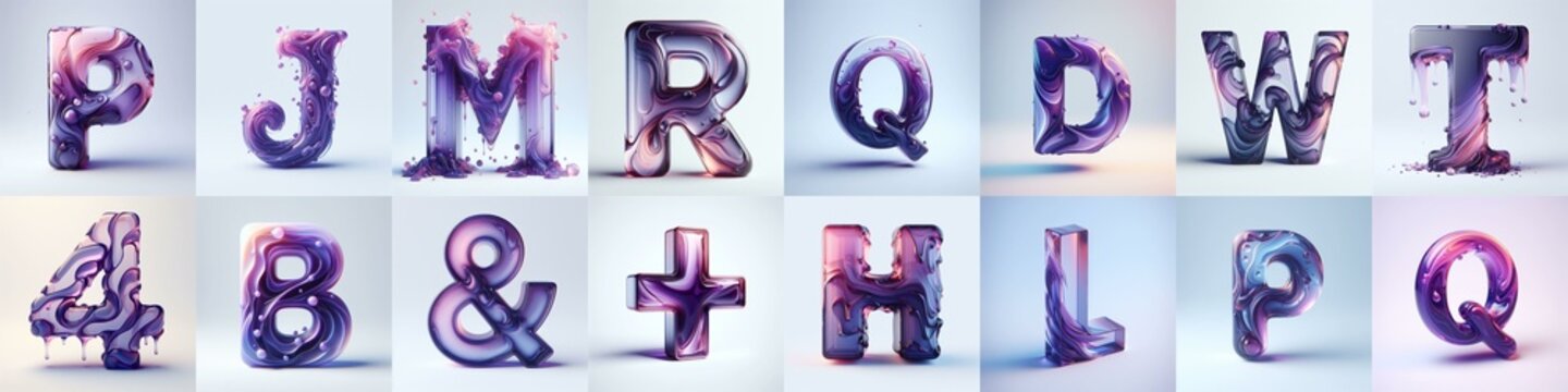 Violet glass 3D Lettering Typeface. AI generated illustration