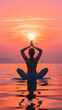 © Tida - Woman meditating at sunset over calm water - A serene woman practicing meditation at sunset, harmoniously aligned with the sun over peaceful water, illustrating mindfulness and inner peace