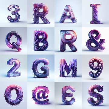 Violet glass 3D Lettering Typeface. AI generated illustration