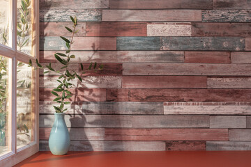 Wall Mural - Panorama de fond d'un mur avec des planches en bois horizontales pour création d'arrière plan. Jeu d'ombre et de lumière du soleil à travers une fenêtre.	