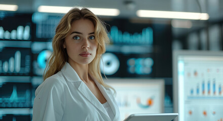 Poster - Female targeting specialist standing in a modern office with a tablet in her hands. In the background is a large monitor with graphs and analytical data. Generative AI.