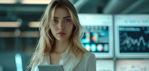 Poster - Female targeting specialist standing in a modern office with a tablet in her hands. In the background is a large monitor with graphs and analytical data. Generative AI.