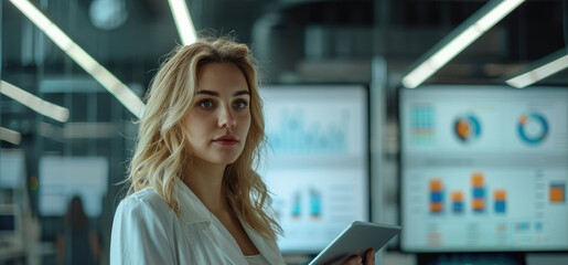 Poster - Female targeting specialist standing in a modern office with a tablet in her hands. In the background is a large monitor with graphs and analytical data. Generative AI.