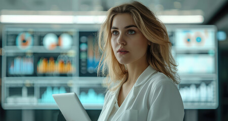 Poster - Female targeting specialist standing in a modern office with a tablet in her hands. In the background is a large monitor with graphs and analytical data. Generative AI.