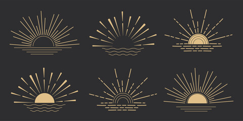 Wall Mural - Golden sun burst beam line minimal sunrise decoration isolated on dark background. Celestial sun ray with ocean waves