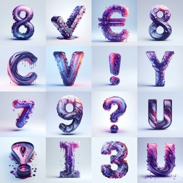 Violet glass 3D Lettering Typeface. AI generated illustration