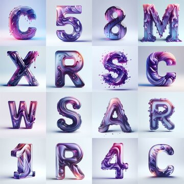 Violet glass 3D Lettering Typeface. AI generated illustration