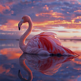 Fototapeta  - Un flamant rose se repose sur un lac calme, son reflet se mêlant aux couleurs chaudes du ciel au coucher du soleil