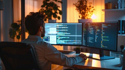 Poster - Developer working in a home office with two monitors in front of him. Generative AI.