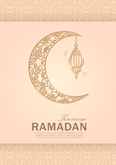 Wall Mural - Ramadan Kareem green greeting card with hand drawn linear golden crescent moon and shiny Arabic lantern. Poster with outline Muslim crescent, lamp and arabesque pattern as frame for Eid Mubarak