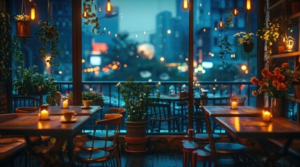Aufkleber - Cozy cafe room with A Night View. Generative AI.