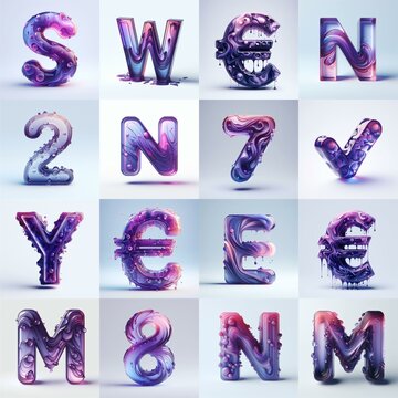 Violet glass 3D Lettering Typeface. AI generated illustration
