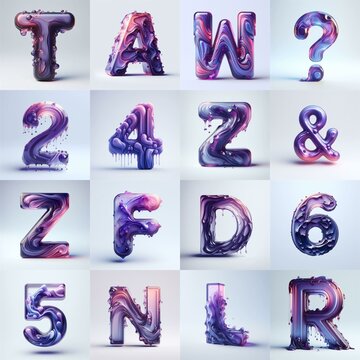 Violet glass 3D Lettering Typeface. AI generated illustration