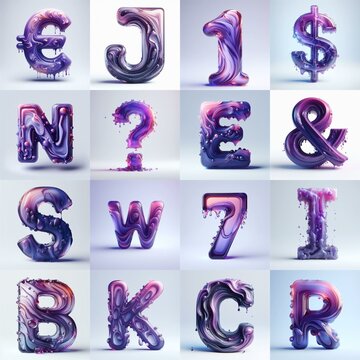 Violet glass 3D Lettering Typeface. AI generated illustration