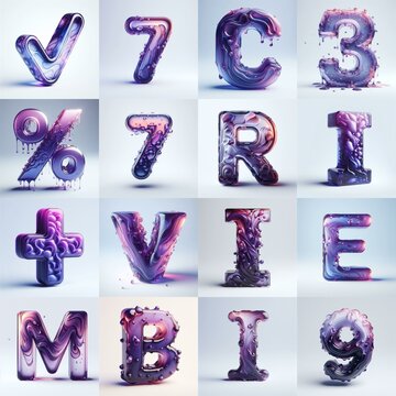 Violet glass 3D Lettering Typeface. AI generated illustration