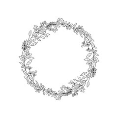 Sticker - Hand drawn botanical wreath line art vector illustration isolated on transparent background. Circle frame with leaves in black ink sketch style. Elegant wedding invitation design.