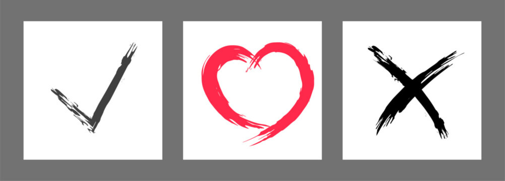 The cross, heart and OK symbol are hand-drawn with a brush. Prohibition, denial, error. Love. Approval, consent. Vector, set of 3 characters