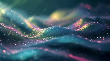 Wall Mural - A mesmerizing display of iridescent particles dancing in harmony forming a delicate veil of shimmering light that seems to envelop the entire space in a dreamlike haze.