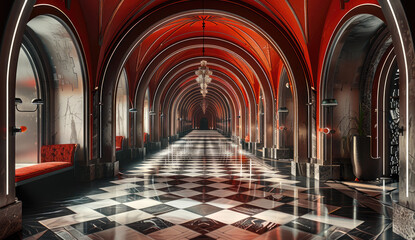 bar corridor, dark style, black and white and red three tones, dome structure. generative ai.