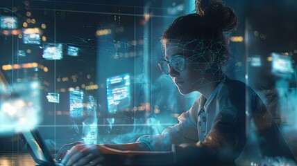 a futuristic mobile developer at their work table, surrounded by holograms of mobile apps, depicting