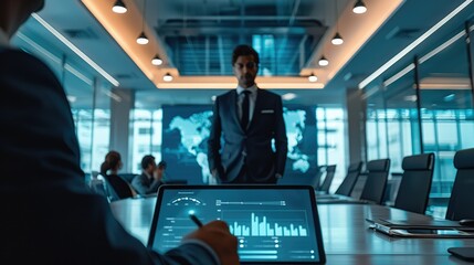 Leinwandbilder - Conference business meeting presentation CEO showing business data ON TV to group of investors business people. Generative AI.