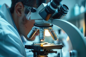 Aufkleber - Close-up of a scientist using a microscope in a laboratory, conducting medical testing and research for advancements in healthcare. Generative AI.