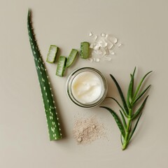 Jar with cream and cut aloe leaves on minimalist background