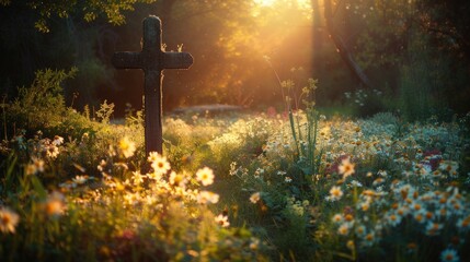 Wall Mural - A picturesque Easter sunrise service setting, with a rustic wooden cross, blooming wildflowers