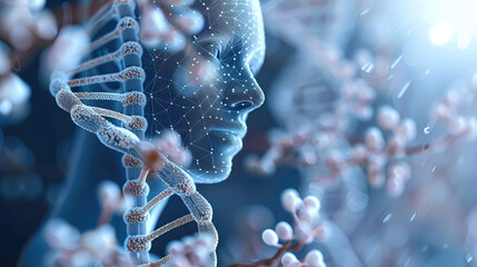Poster - Artificial intelligence AI in Healthcare. DNA double helix intertwined with digital AI elements, highlighting the role of AI in genetic research and personalized medicine. Generative AI.