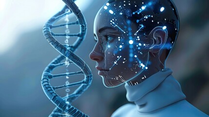 Poster - Artificial intelligence AI in Healthcare. DNA double helix intertwined with digital AI elements, highlighting the role of AI in genetic research and personalized medicine. Generative AI.