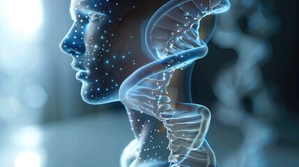 Poster - Artificial intelligence AI in Healthcare. DNA double helix intertwined with digital AI elements, highlighting the role of AI in genetic research and personalized medicine. Generative AI.