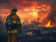 Back view of a firefighter looking over a fire devastated landscape dawn breaking hope amidst despair