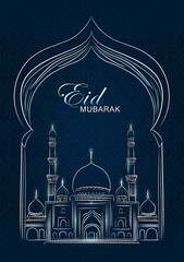 Wall Mural - Eid Mubarak greeting card with hand drawn linear Mosque on dark blue background with Arabic pattern. Vector banner with silver outline Masjid and Muslim arch. Ramadan Kareem vertical poster