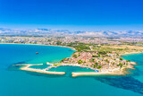 Fototapeta Tulipany - Aerial top drone view of ancient Side town, Antalya Province in Turkey