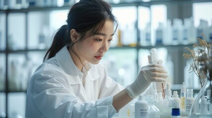 Asian woman cosmetic scientist working on lab, working with cosmetic products. Generative AI.