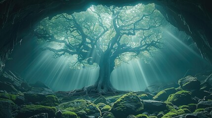 Wall Mural - Dark fantasy forest in a cave, ancient tree. Generative AI.