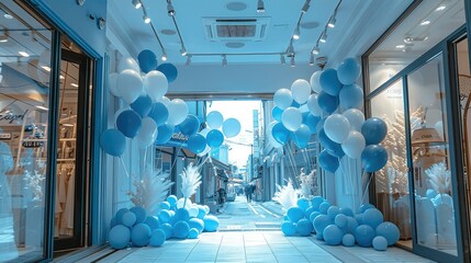 Poster - A blue and white balloon storefront, in the style of light white and light silver. Generative AI.