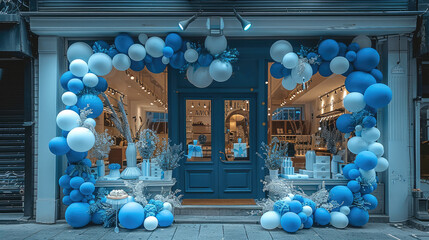 Poster - A blue and white balloon storefront, in the style of light white and light silver. Generative AI.