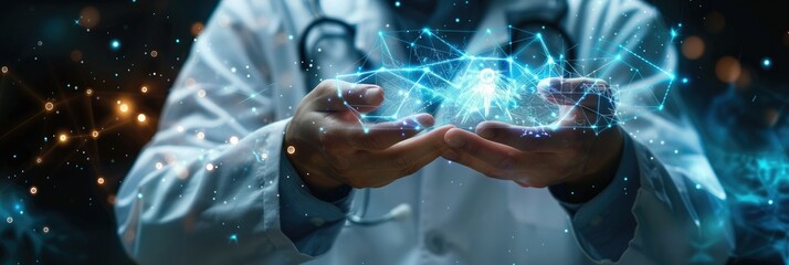 Leinwandbilder - Doctor hold health icon. Digital healthcare and network connection on hologram virtual interface. digital healthcare and network. Generative AI.