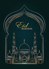 Wall Mural - Eid Mubarak greeting card with hand drawn linear Mosque on dark green background with Arabic pattern. Vector banner with golden outline Masjid and Muslim arch. Ramadan Kareem vertical poster