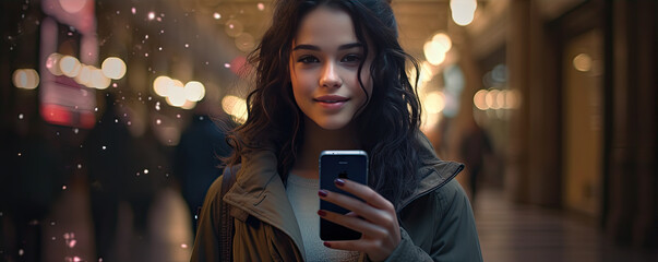 Mystic woman holding smartphone in hands in magical backgrounds.