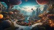 a fabulous virtual reality world with giant mushrooms and flying layers in the air