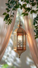 Wall Mural - Celebration of islamic eid mubarak and eid al adha lantern in a light background.