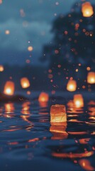 Wall Mural - Paper lanterns float on dark water. Traditional Floating Lantern Festival, Memorial Day