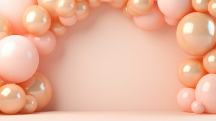 Wall Mural - Generative AI, arch of peach fuzz color balloons. Birthday party, wedding or shower 3d background. Template for greetings or invitations...