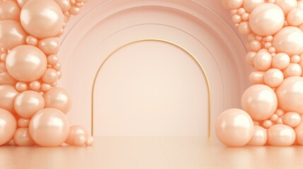 Wall Mural - Generative AI, arch of peach fuzz color balloons. Birthday party, wedding or shower 3d background. Template for greetings or invitations...