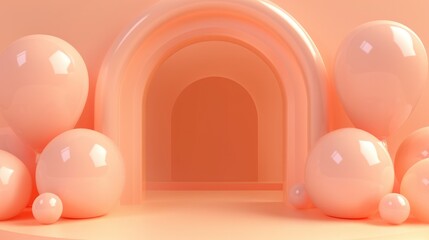 Wall Mural - Generative AI, arch of peach fuzz color balloons. Birthday party, wedding or shower 3d background. Template for greetings or invitations...