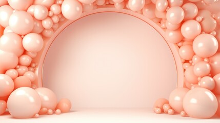 Wall Mural - Generative AI, arch of peach fuzz color balloons. Birthday party, wedding or shower 3d background. Template for greetings or invitations...